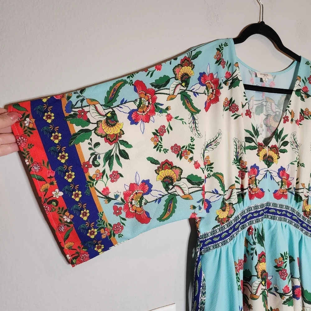 Umgee Kimono Sleeve Hankerchief Hem Blue Printed Boho Dress Stretch Waist Medium - Picture 11 of 13
